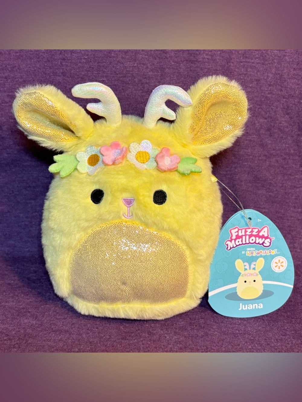 NWT Squishmallow Juana Fuzzamallow 5” Yellow Jackalope Bunny Rabbit Flower Plush